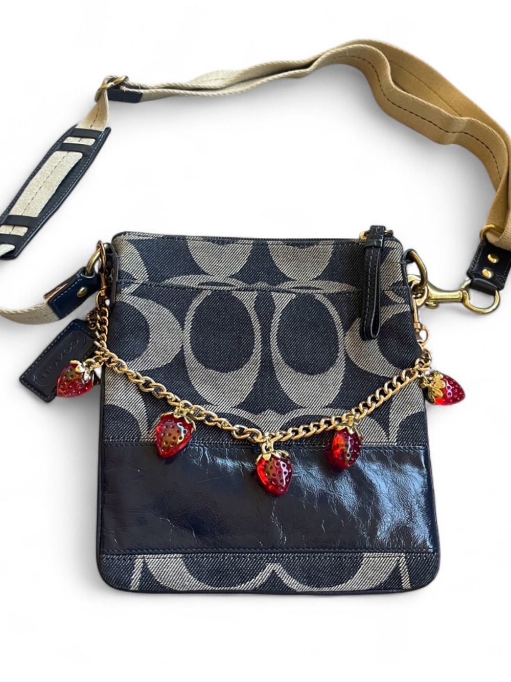 Coach 41722 Signature Stripe Navy Blue Dark Denim Patent Leather Swingpack